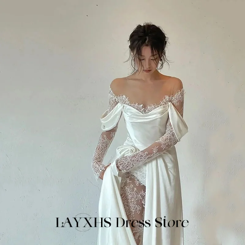 LAYXHS فساتين زفاف عتيقة دانتيل رقبة دائرية على شكل حرف a كم كامل مطوي فتحة جانبية زي العرائس مخصصة niğün part elbise