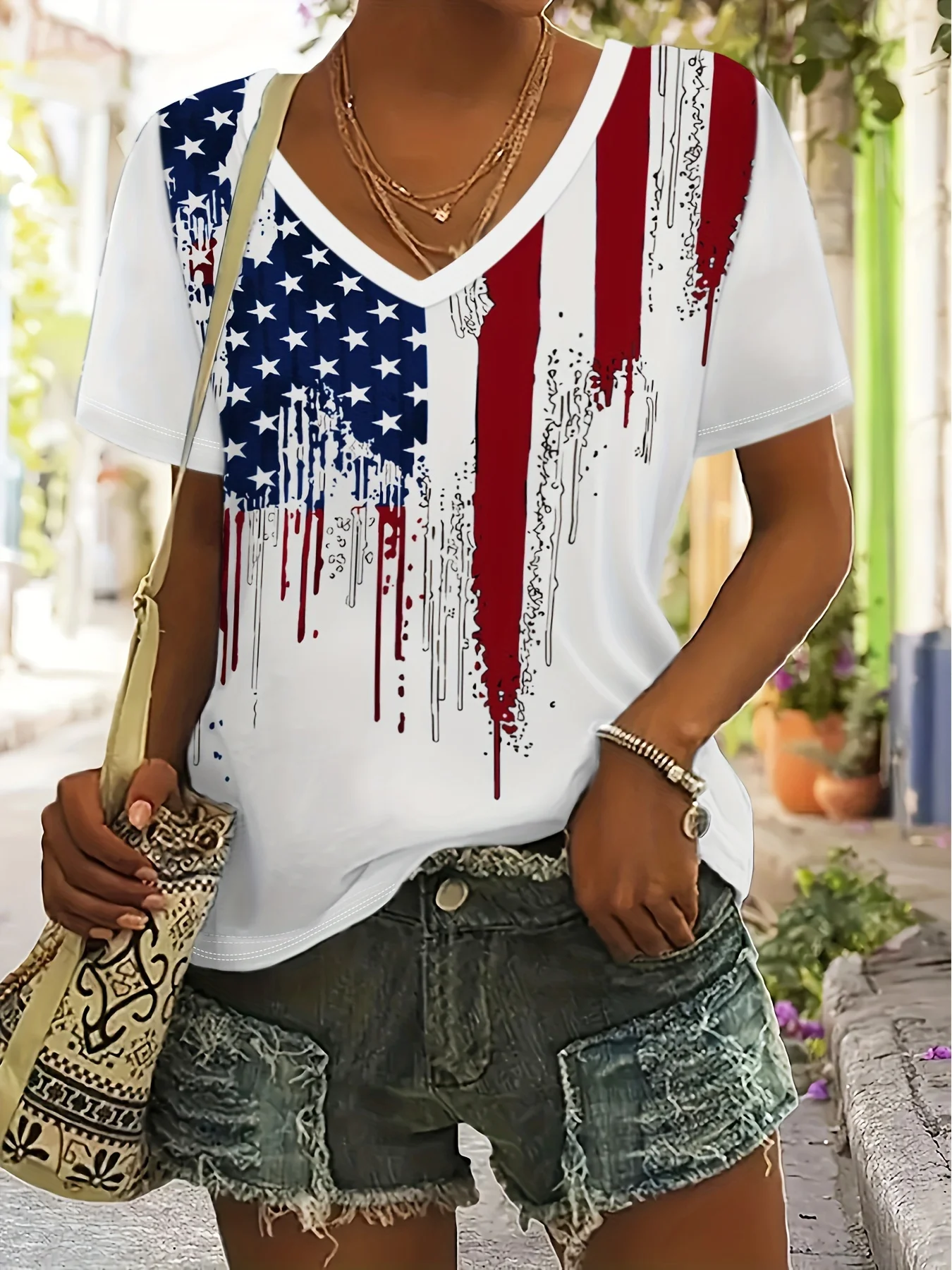 2024 New Star Print Women\'s T-Shirt Plus Size Top America Flag Summer Women\'s Trend Clothing Short Sleeve Shirt V-Neck Blouse