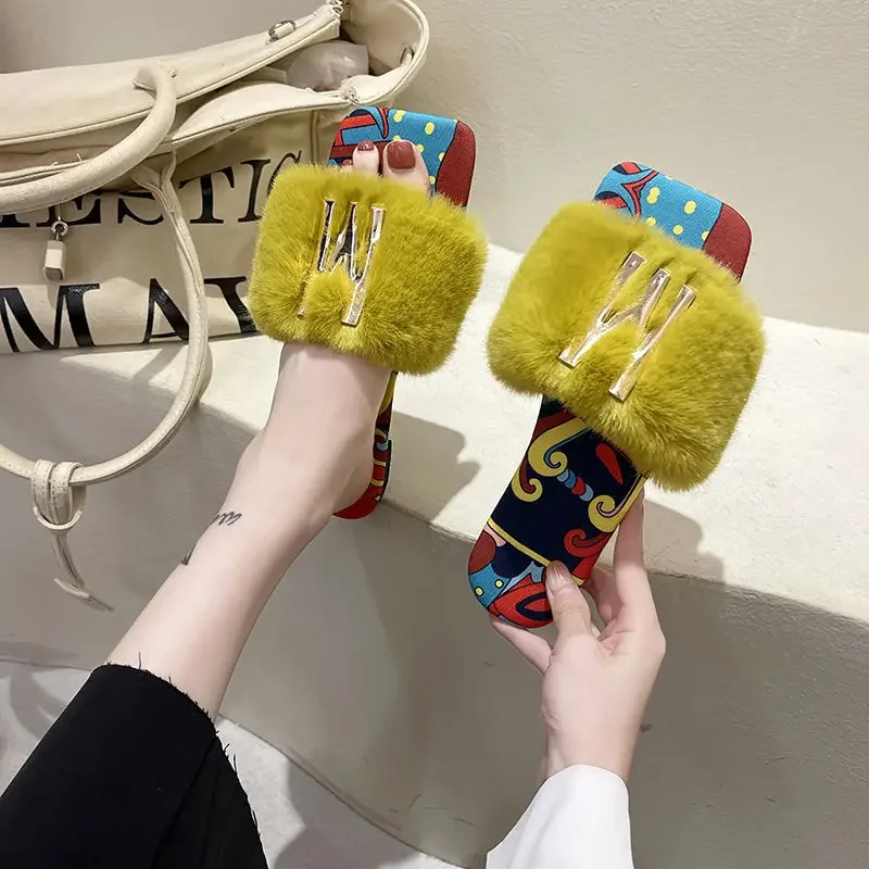 Women Summer Furry Fur Slippers Flat Non-slip Solid Real Fox Fur Slides Fluffy Slippers Ladies Shoes Woman Home Slipper