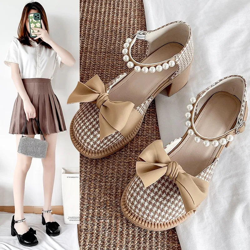 

2024 New Mary Jane Shoes Bow Tie Thick Sole Round Toe Casual High Heels Sweet Latest Lolita Outdoor Fashion Comfortable Pearl