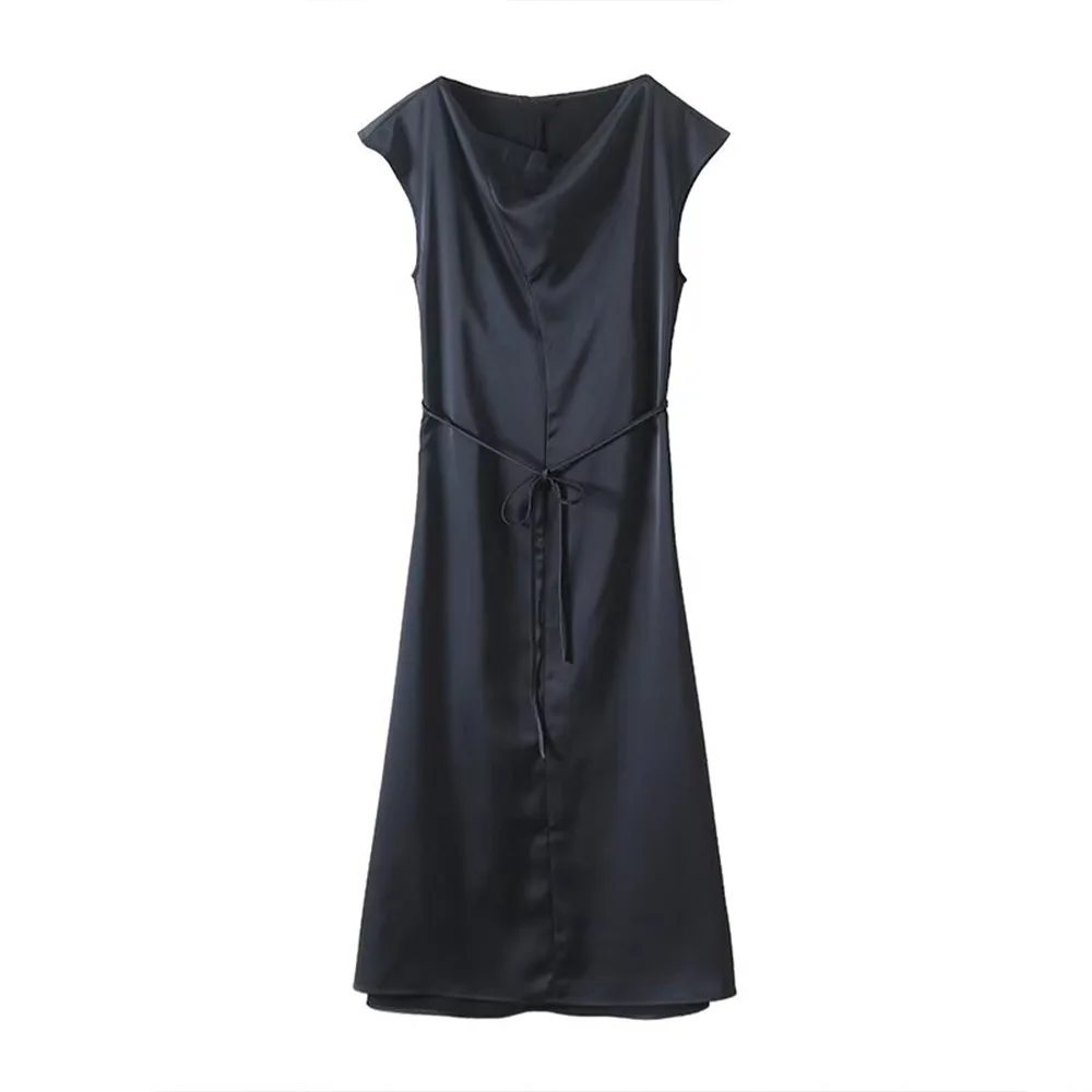 

ZBZA Women's Satin Lace-up Midi Dress Elegant Round Neck Mid-waist Solid Color Pleated A-line Dress Spring Summer New Female Top