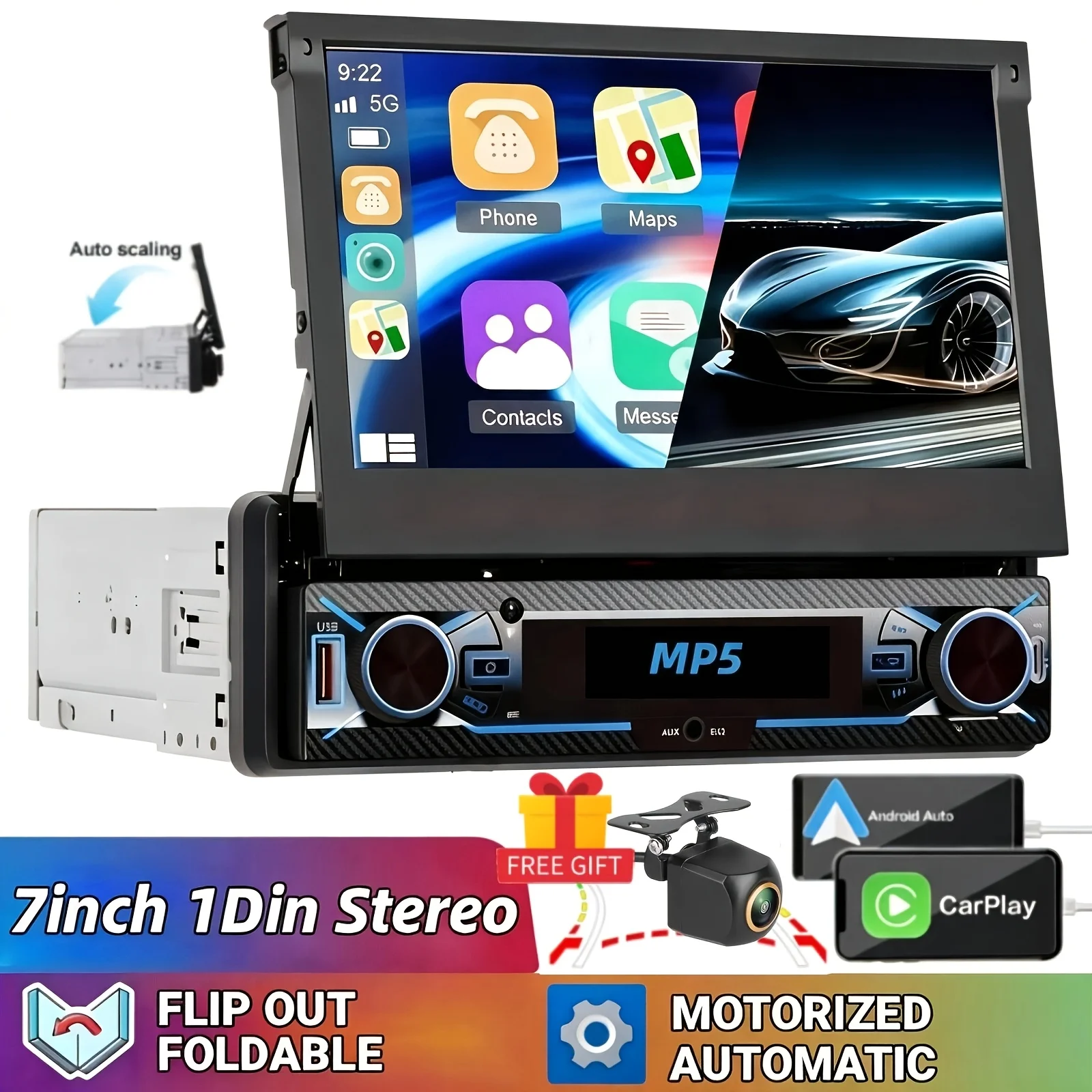 Wireless B Din Car Stereo 7.0 inch Motorized Flip Out Touchscreen with Wired Carplayer & T Hands-Free MP5 Player Support USB/TF