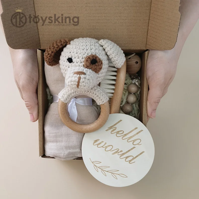 Puppy Baby Bath Gift Set - Handmade Crochet Dog Rattle, Cotton Gauze Towel & Wool Brush, Complete Newborn Bathing & Care Luxury