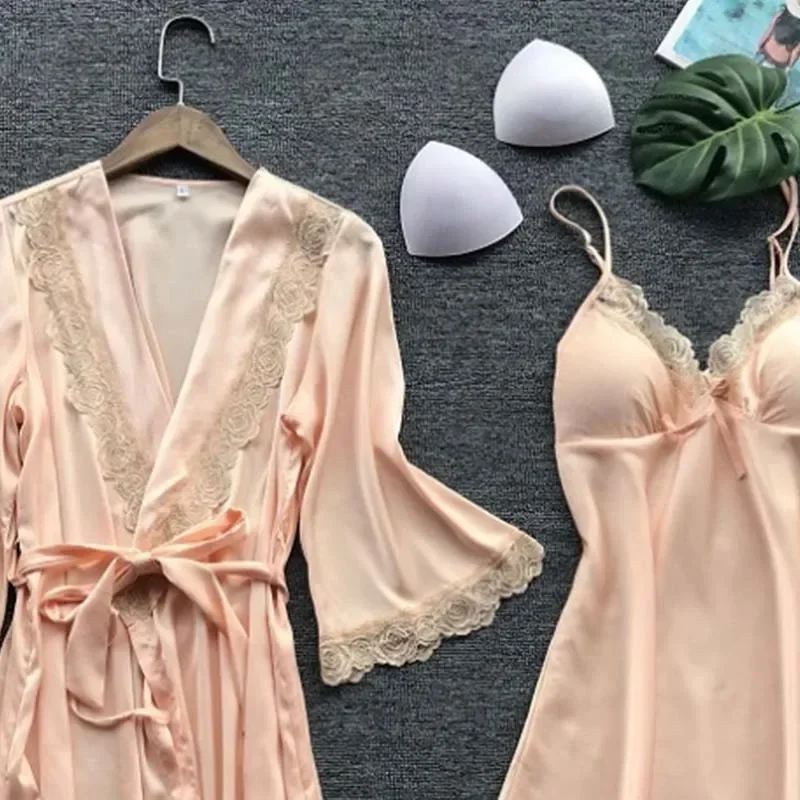 2024 New 2PCS Leepwear Female Pajamas Set Satin Home Pyjamamas Lace Robe Sleep Suit V-Neck Wedding Nightwear Wear Nighty&Rob