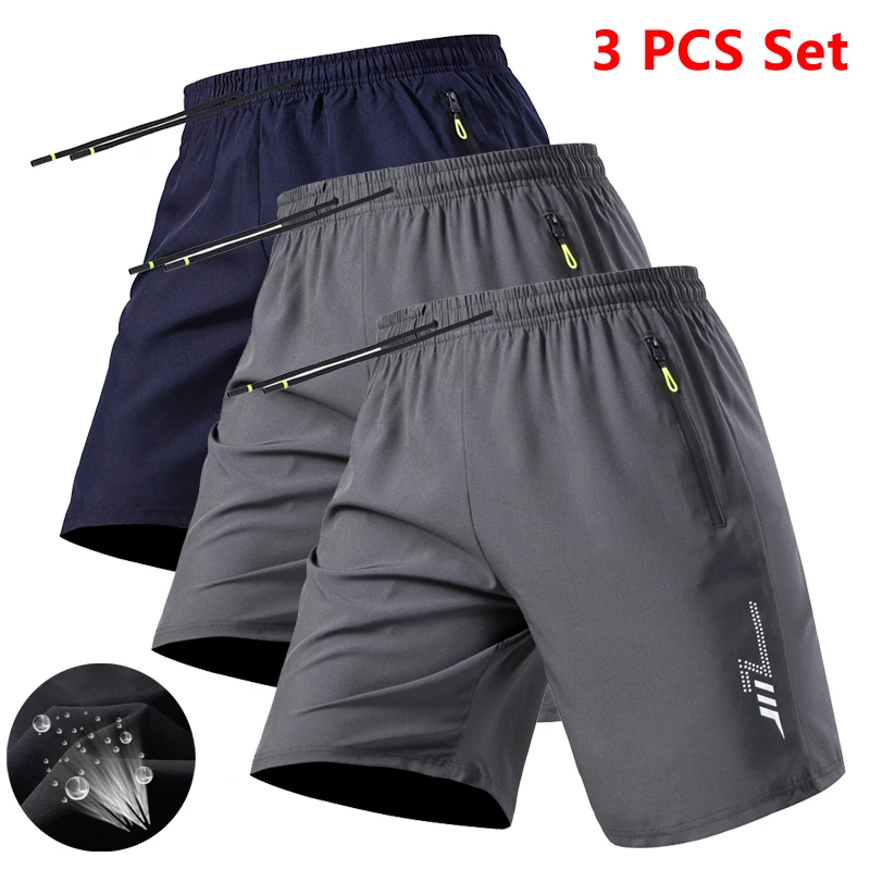 3 Pieces Summer Breathable Shorts Men Running Jogging Quick Dry Workout Training Fitness Short Pants Men Gym Sports Shorts Male