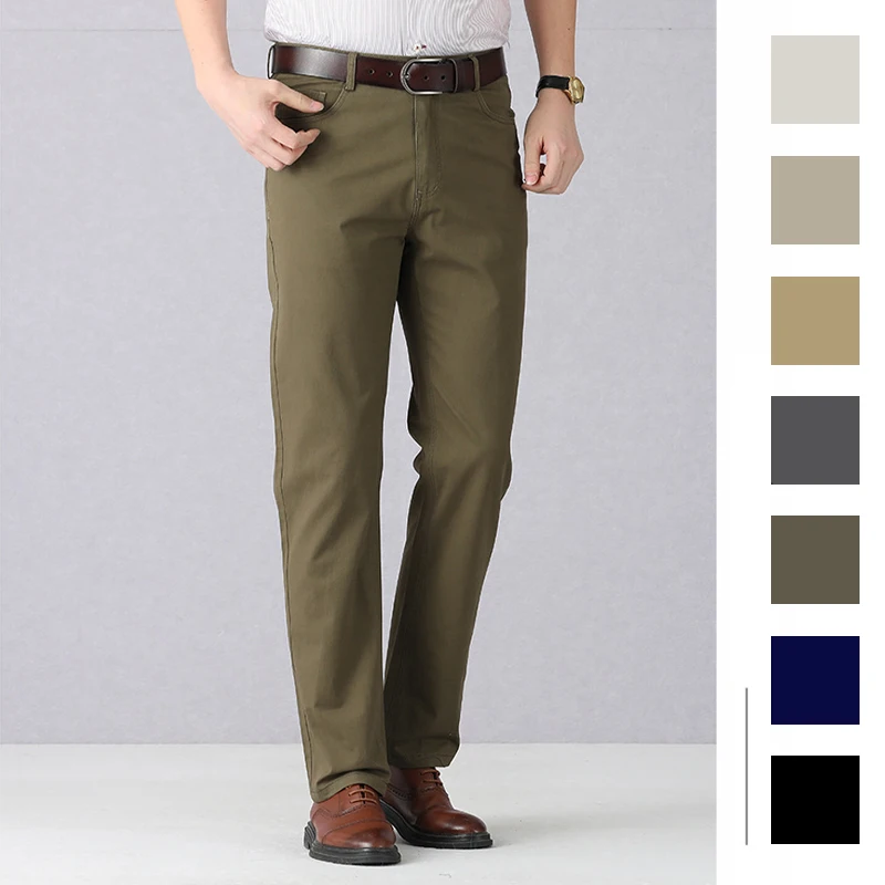 Dayton Olive Stretch Chinos:Mens Suit Pants Cotton Casual Stretch Male Trousers Long Straight High Quality Dress Pants 40 42 44