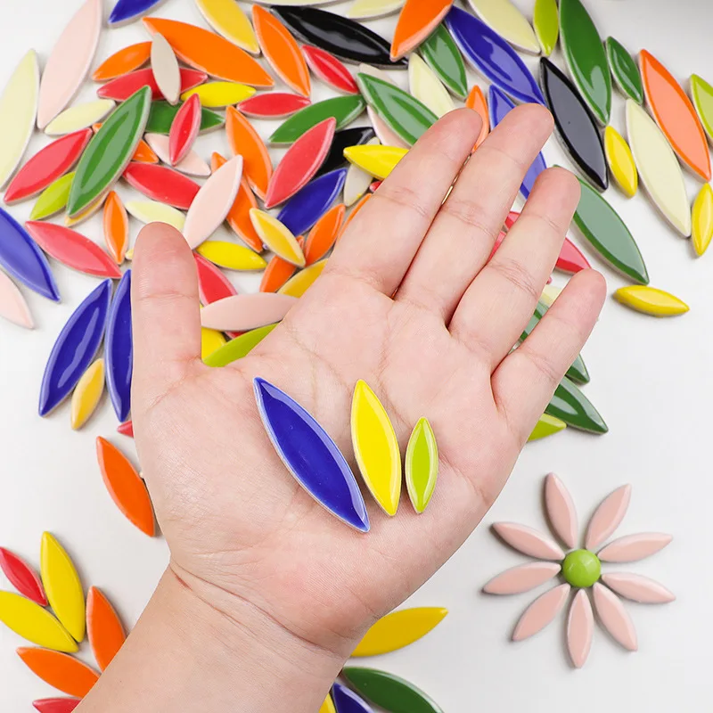 100g Willow Leaves Mosaic Tiles Porcelain Leaf-Shape Tile 3 Sizes Mix Multi Color DIY Mosaic Making Stones for Craft Arts Decor