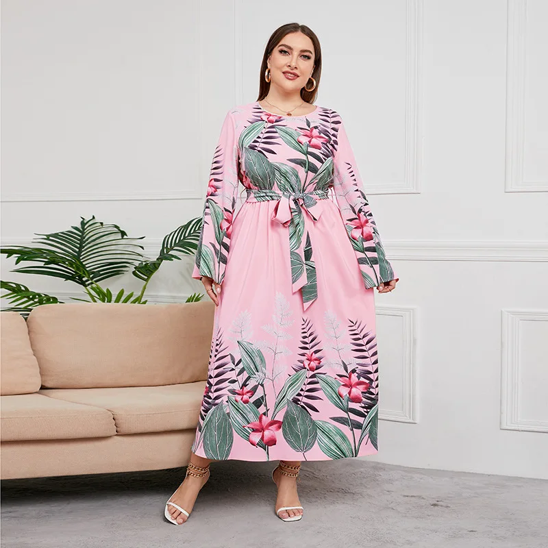 

Plant flower print medium and long jumpsuit large size long sleeve lace up waist and thin fashion long skirt fashion simple temp
