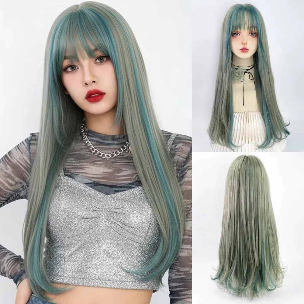 

VICWIG Длинные прямые синтетические зеленые смешанные парики с челкой Лолита Косплей Натуральный женский парик из волос для повседневной вечеринки