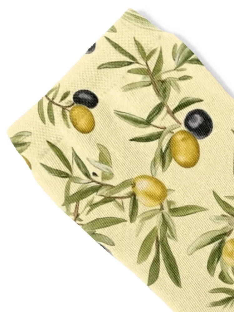 Olive Grove Serenade: Mediterranean-Inspired Print Design with black and green olives by Mila van Meer Socks