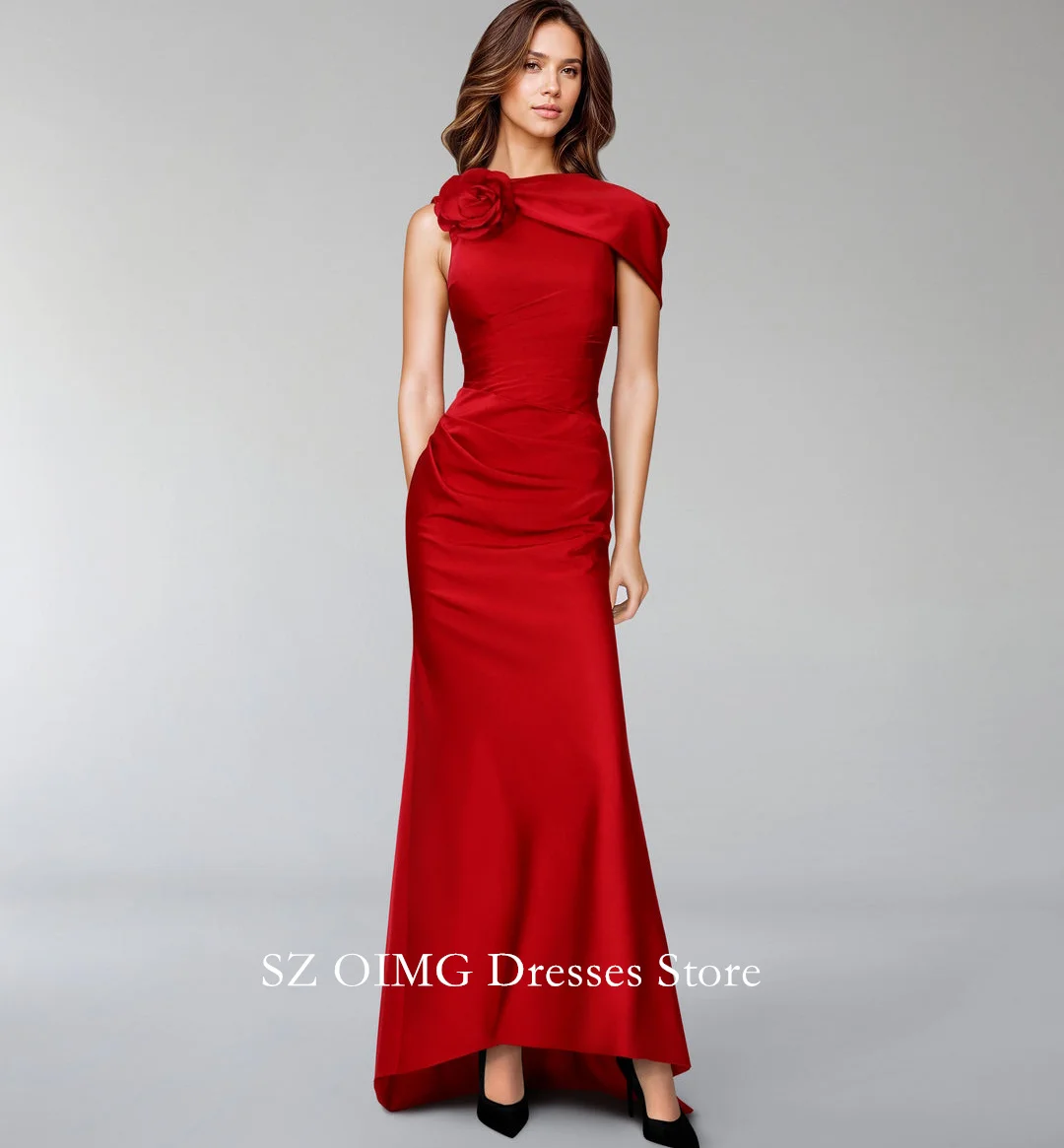 OIMG Satin Classic Red Prom Dresses Sleeveless Dress with Side Capelet and 3D Flowers  Women Evening Gowns Formal Party Dress