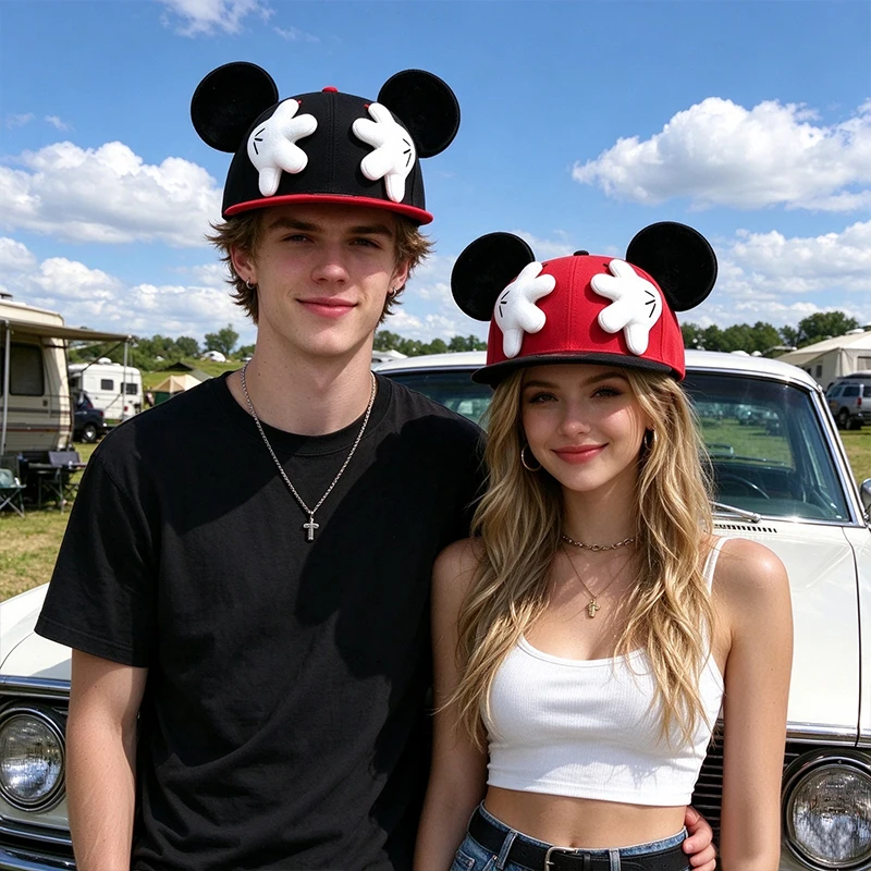 Cute Cartoon Mouse Ears 3D Plush Hand Baseball Hat Adjustable Hip Hop Flat Brim Cap for Women Men Teens Couple Gift