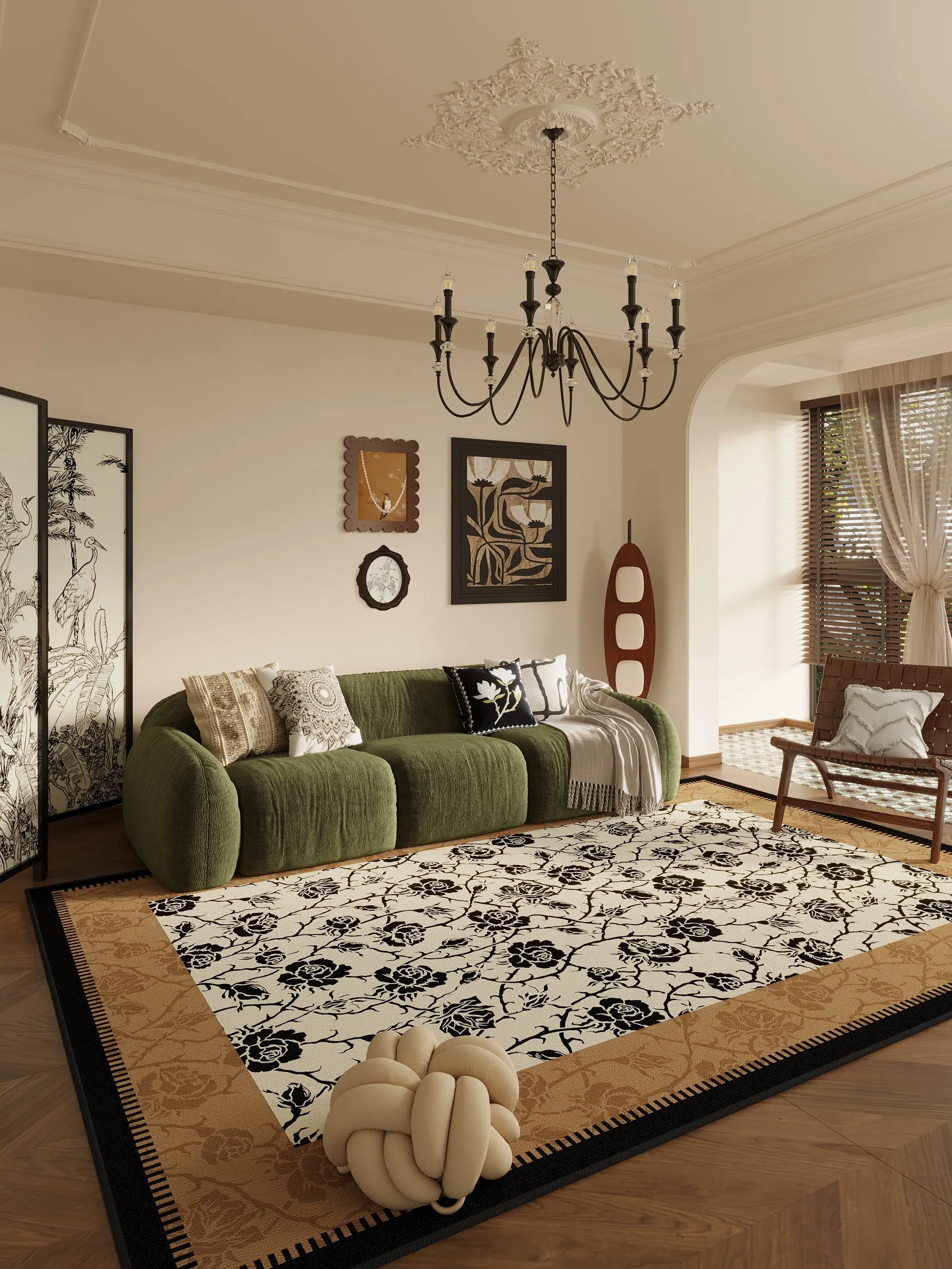 

VIKAMA French Retro Pattern Rug, Mid-Century Luxury Non-Slip Easy-Clean Living Room Sofa Coffee Table Decorative Mat -Home Decor