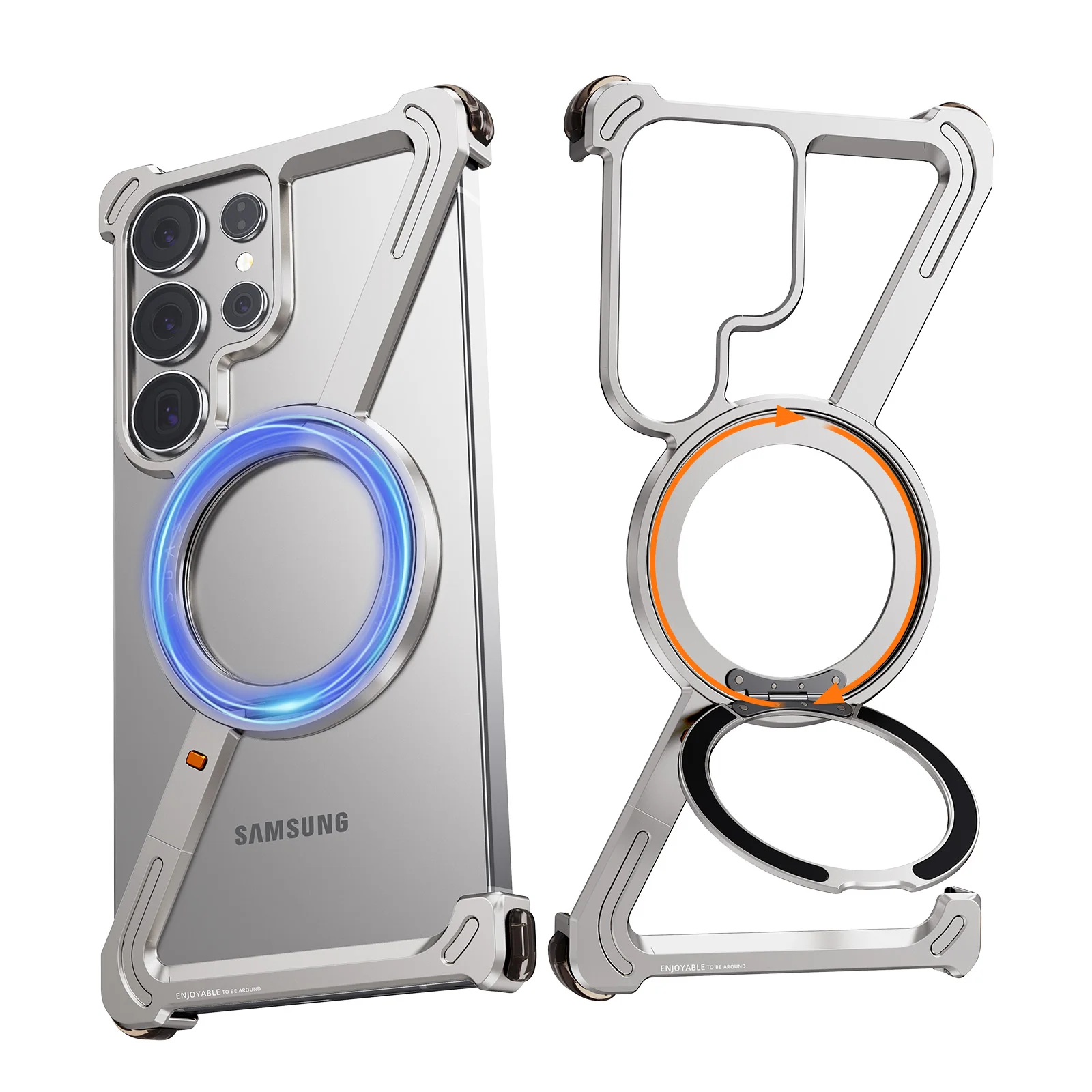 

Eary Magnetic Frameless Phone Case For Samsung Galaxy S25 S24 Ultra With 360°Rotatable Stand Metal Protective Shockproof Bumper