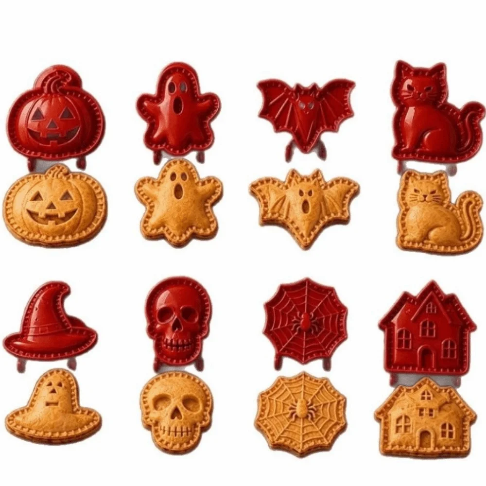 8 Shapes Halloween Mini Pie Molds Set Fall Themed Non-Stick Coating Baking Supplies Set Easy Release Design Pastry Cutters Kit