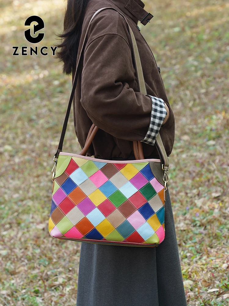 Zency Women's Colorful Patchwork Leather Bag Large Tote Bag Shoulder Handbag Designer Crossbody Bag Detachable Shoulder Strap