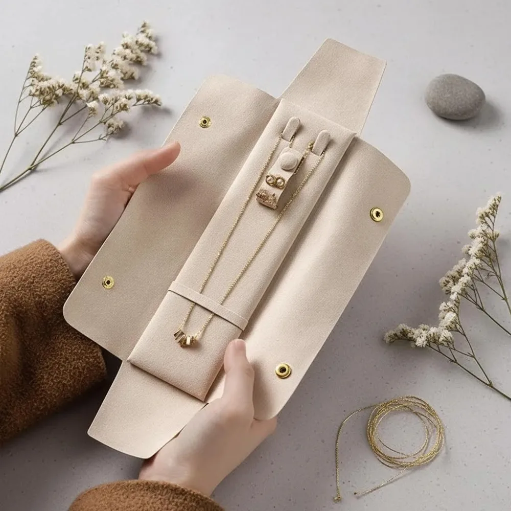 Portable Microfiber Fabric Jewelry Pouch Mini Size Soft Pendant Package Built-In Clip Anti-Tarnish Storage Bag Gift Packaging