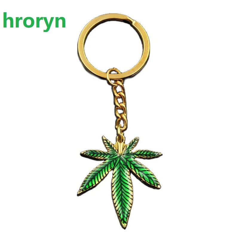 Hroryn-Porte-Clés à la Mode pour Homme, 39x34mm, Vert, Or, Document, Feuilles d'Érable, Porte-Clé de Voiture, Souvenir, Cadeau, DIY
