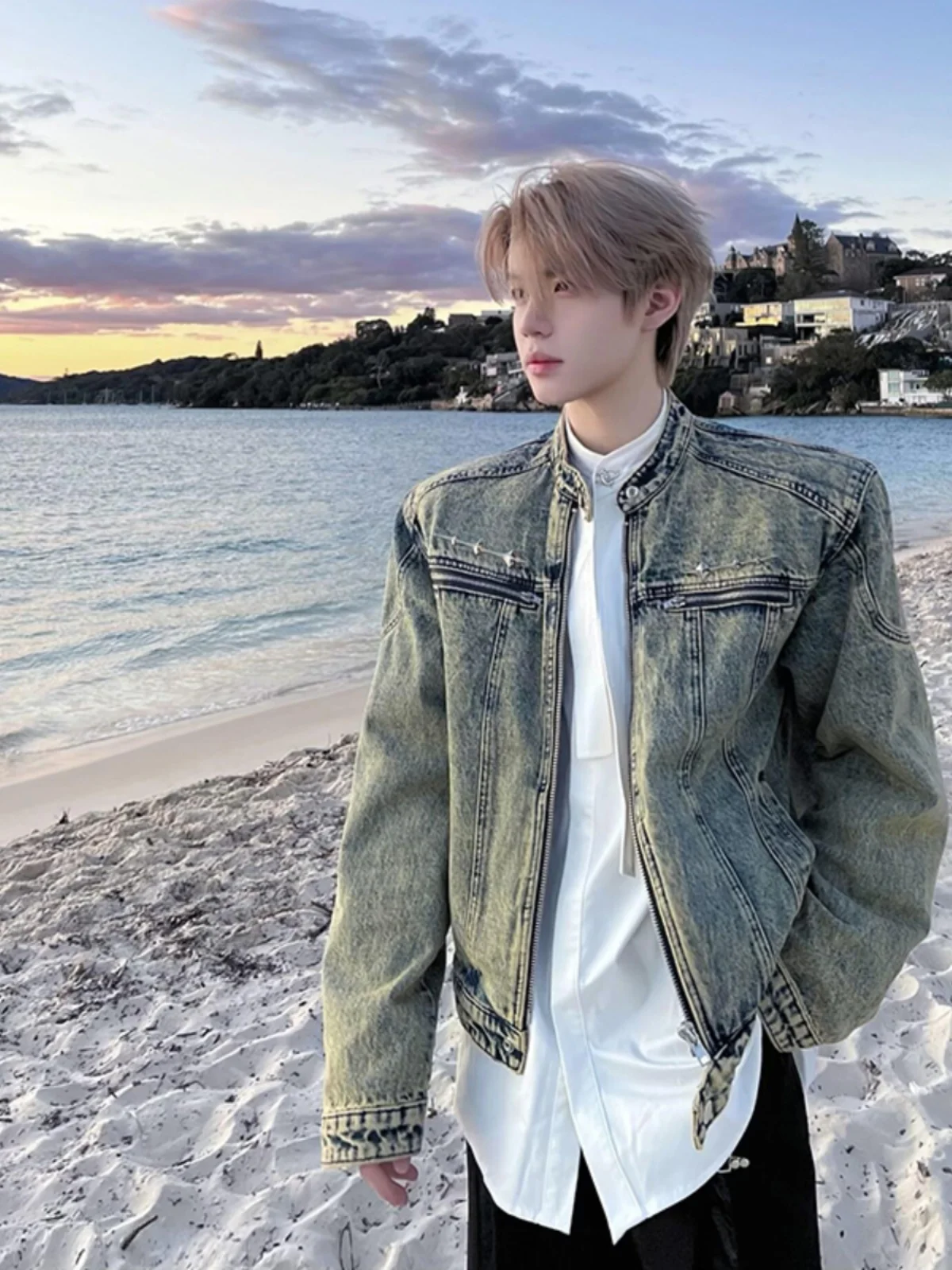 

Light Blue Denim oulder Padded Jaet Men's American Retro Metal Design Sense Jeans Sli Cool Spring Autumn Winter Coat