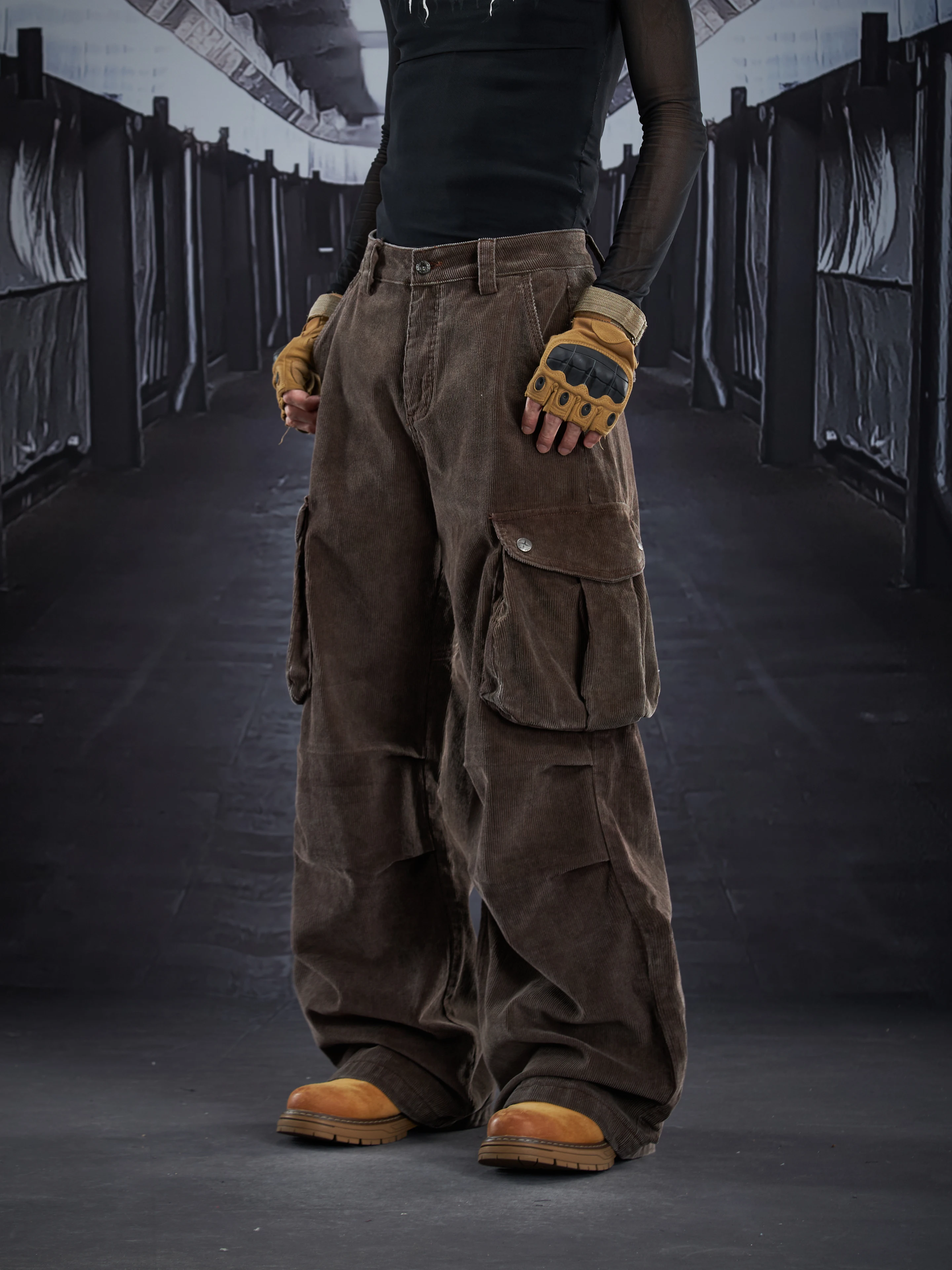 Special-Interest Design American Style Retro Maillard Barn Multi-Pocket Pleated Corduroy Baggy Straight Trousers Men and Women
