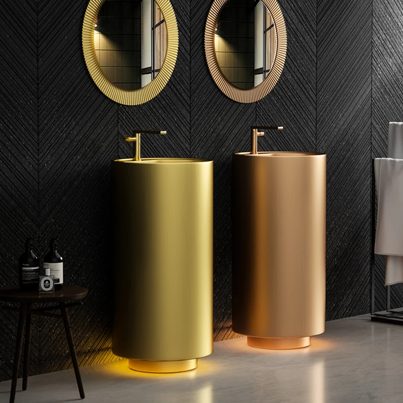 Golden stainless steel column basin integrated floor-standing hotel B&B courtyard bathroom washbasin KTV washbasin