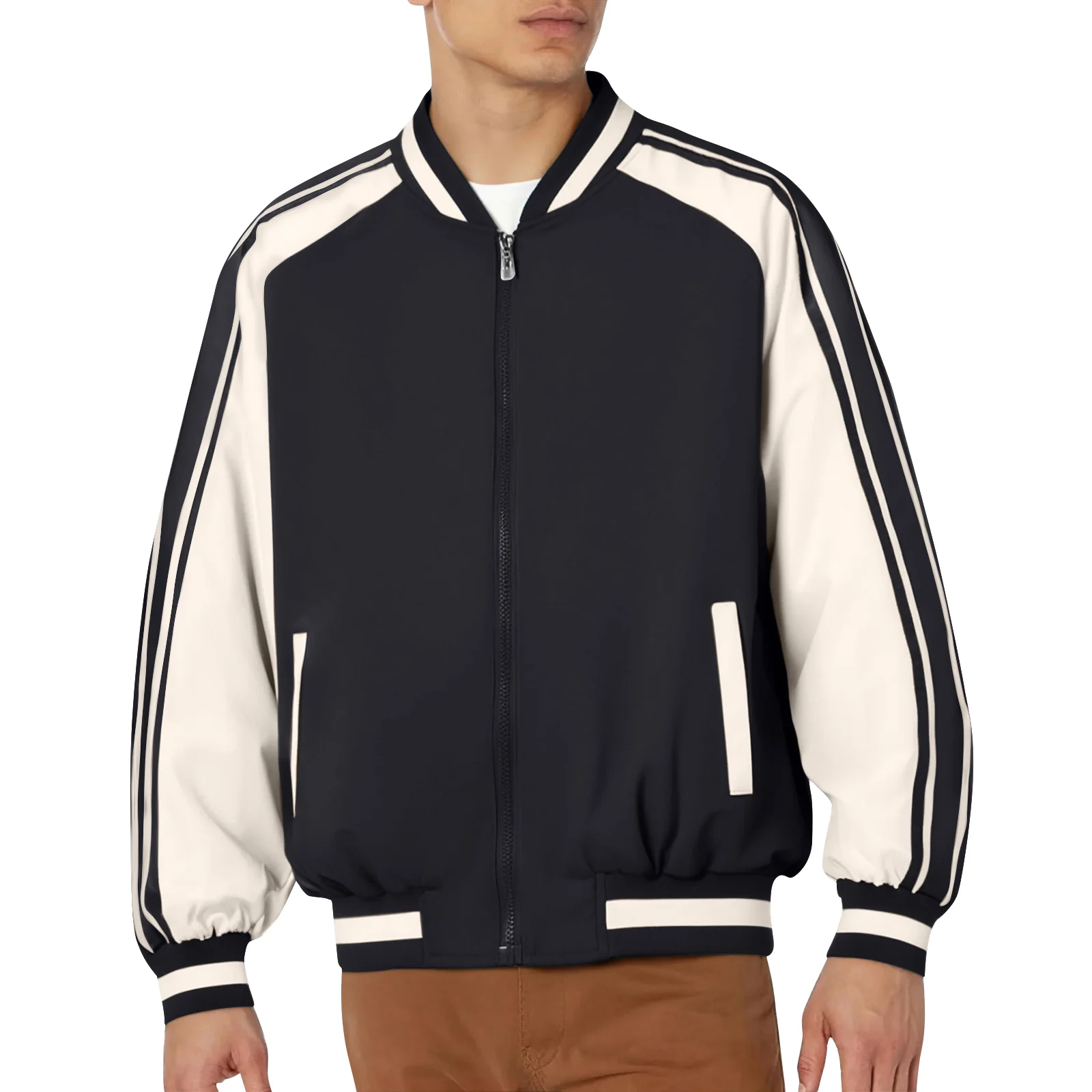 

Men'S Striped Baseball Collar Patchwork Long Sleeved Casual Comfortable And Breathable Jacket Suitable For Casual Wear