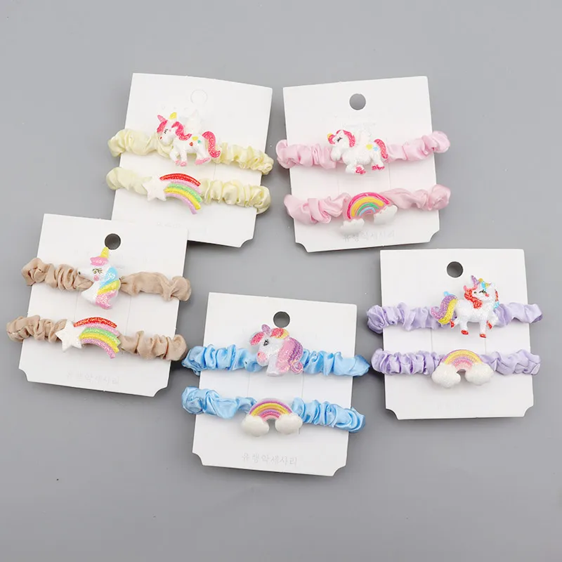 2 Pcs Rainbow Unicorn Scrunchies Pony Hair Rope Student Rubber Band Head Rope Korean Ins Hair Bands Hair Accessories For Women