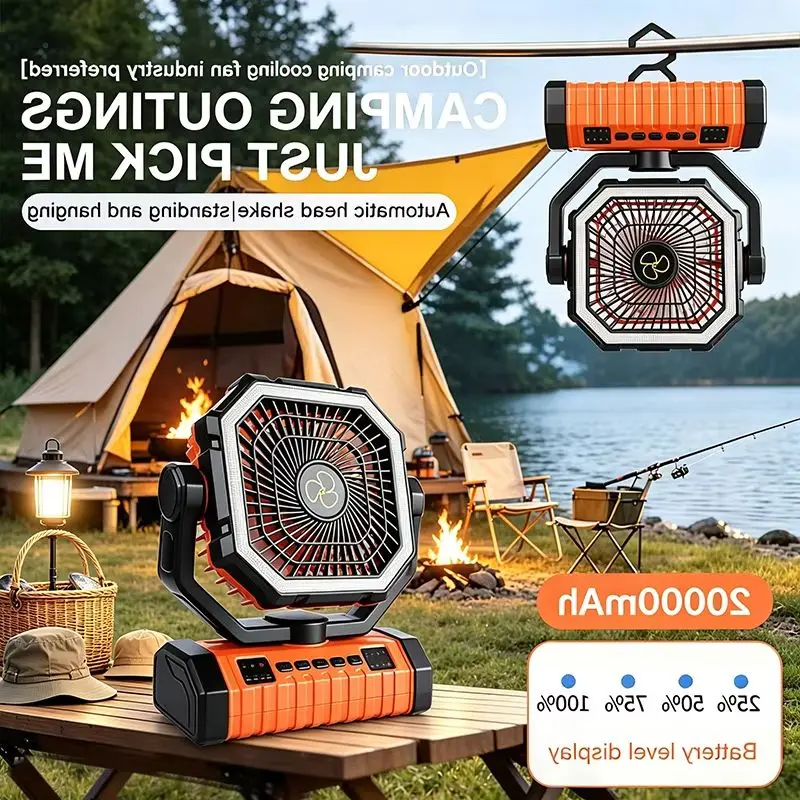 20000mAh Battery Powered Outdoor Fan Rechargeable Portable Desk Camping Fan LED Night Light Hanging Hook 4 Speed Headshake Remote Control Timing for Tent Car Trip