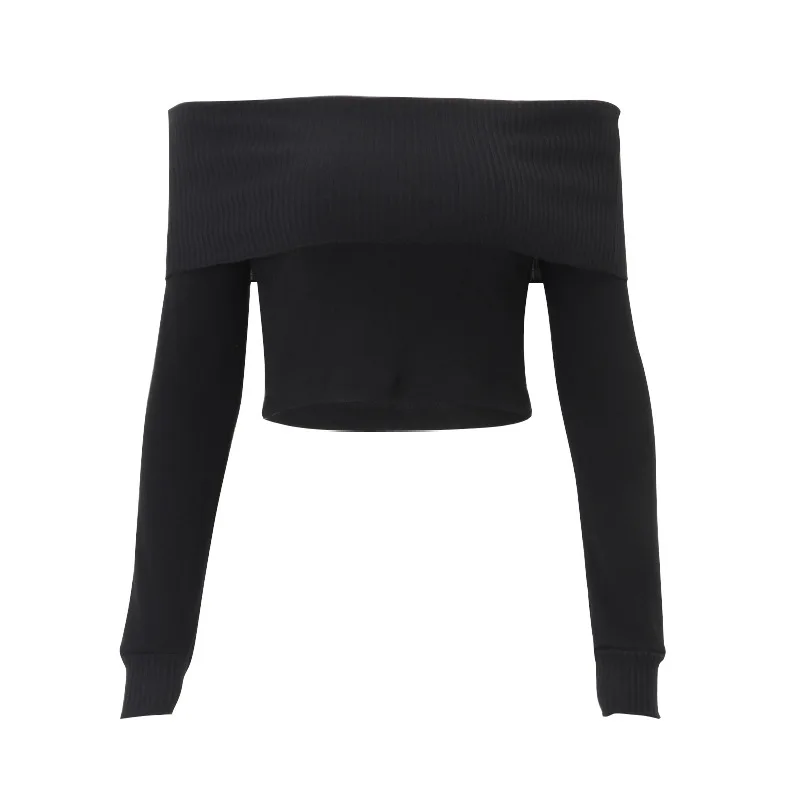 Alobee Elegant Slash-Neck Ribbed Crop Solid Tops Autumn Skinny Off Shoulder T Shirt Long Sleeve Gentle Tight T-Shirts