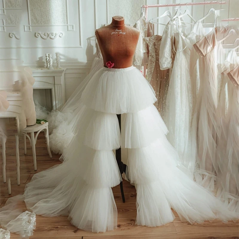 Ivory Layered Tulle Wedding Skirt High Low Tiered Tutu Women Maxi Skirts Long Prom Detachable Skirt Elastic Waist Overskirts