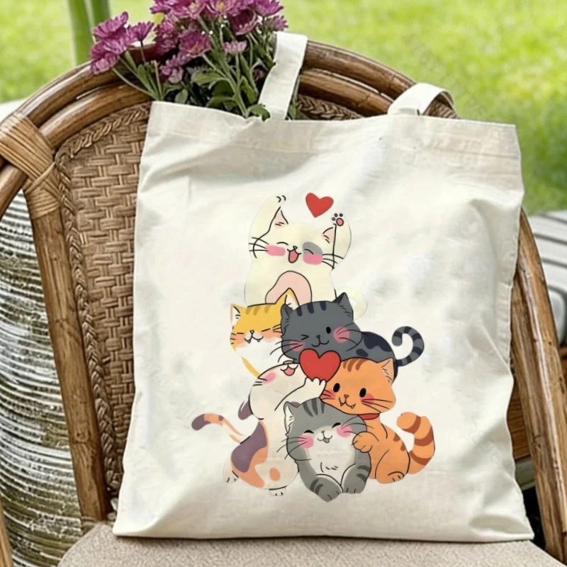 

1PC Kawaii Cartoon Cats With Hearts Print Canvas Tote Casual Shopper Bag