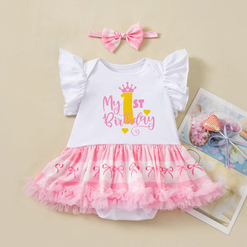 Baby Girl First Birthday Tutu Bodysuit with Headband Cake Smash Outfit Infant Princess Tutu Costume Party Wear for Photo Shoot