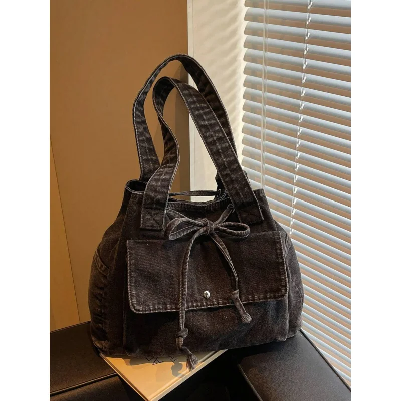 

New Fashion Casual Solid Color Washed Canvas Drawstring Tote , Multi-Pocket Commuter Shopping School Shoulder Bag For Women