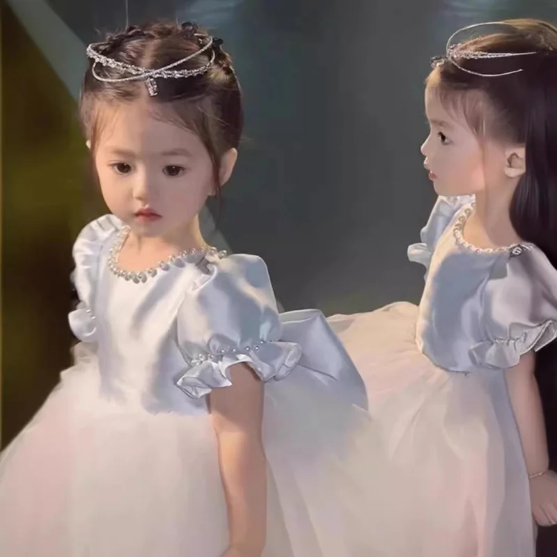 Flower Girl Wedding Dress for Little Girls, Luxurious Niche High-End Children's First Birthday Blue Princess Dress, Stylish