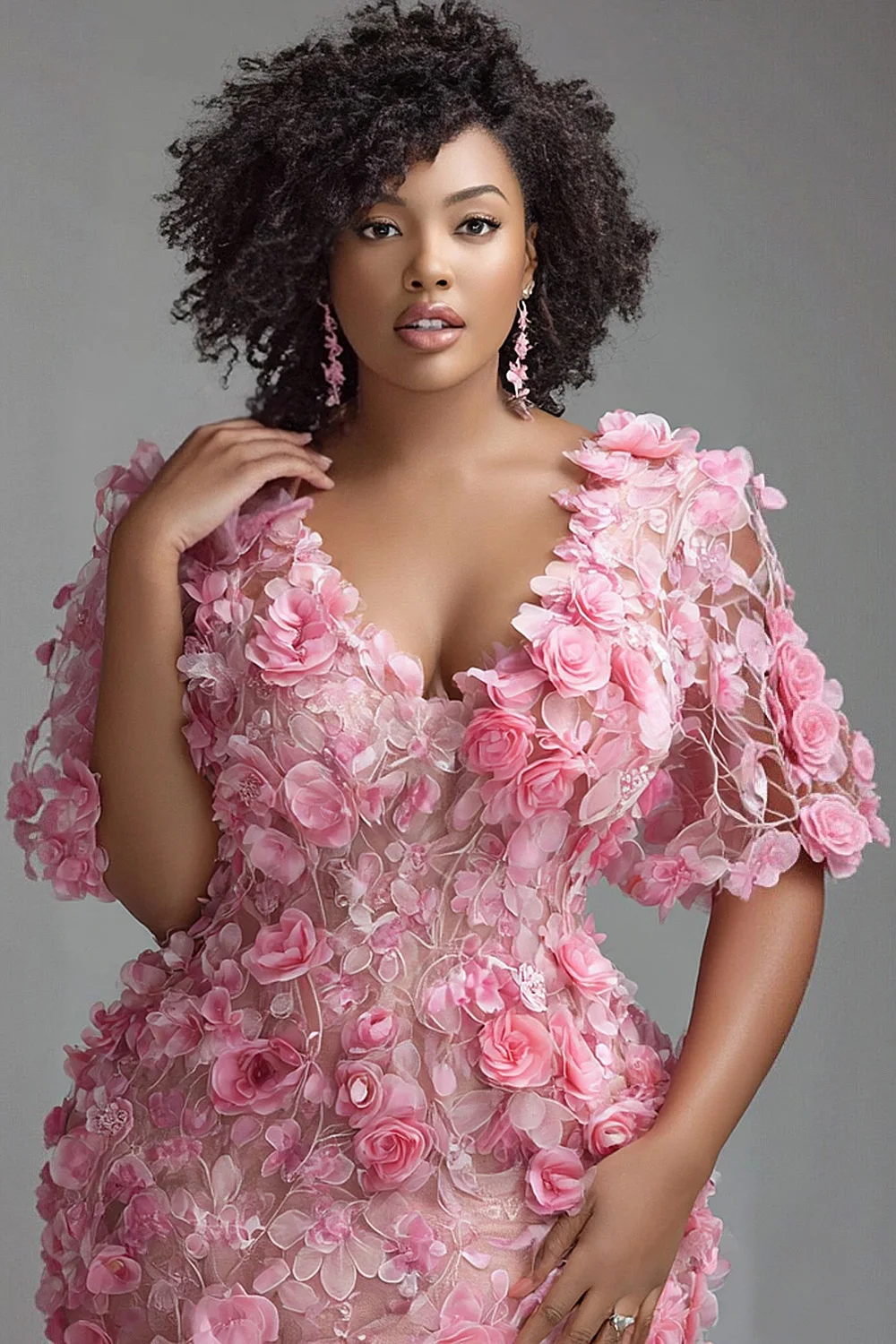 بالإضافة إلى حجم الوردي الرسمي الخامس الرقبة قصيرة الأكمام 3D فساتين ماكسي حورية البحر أنيقة #3