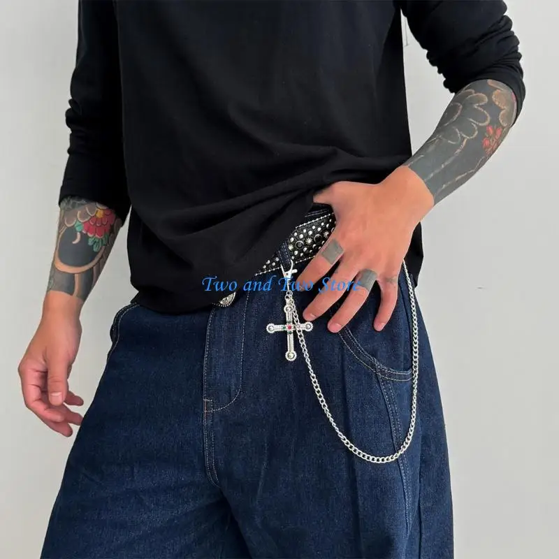 

HX6F Bold Oversized Crossed Pendant Chain For Pants Jeans Hip Hop Streetwear Jewelry