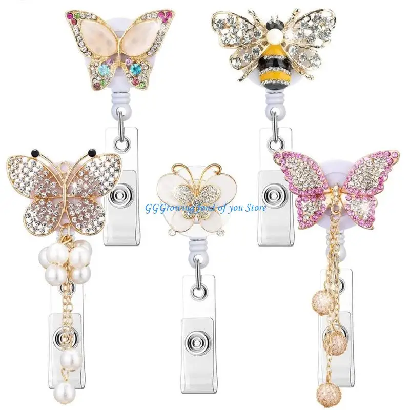 H9EB Stretchable Butterfly Rhinestones Badge Clip 60cm ABS Security Holder for Workplaces Cards and Access Passes