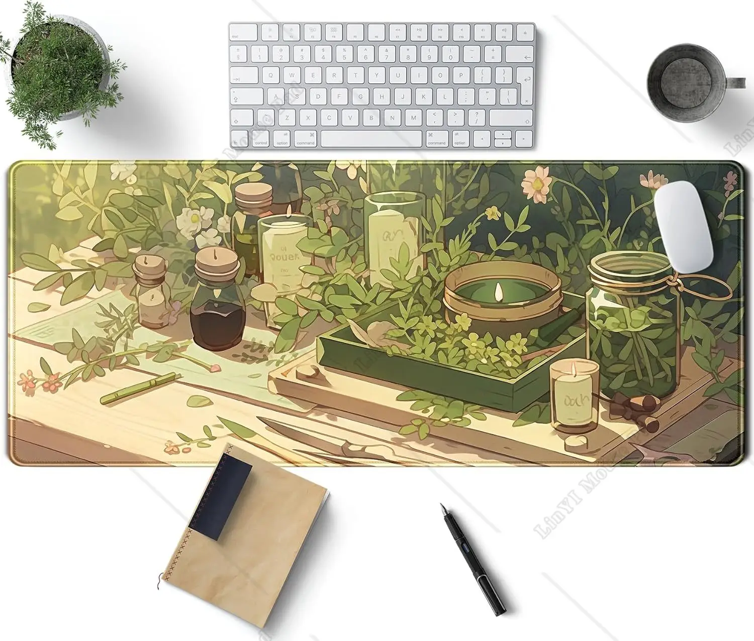 

Green Gardener Desk Mat Anime Forest XL Gaming Mouse Pad with Stitched Edges Women Desktop Decor for Office Work 31.5x11.8 inch
