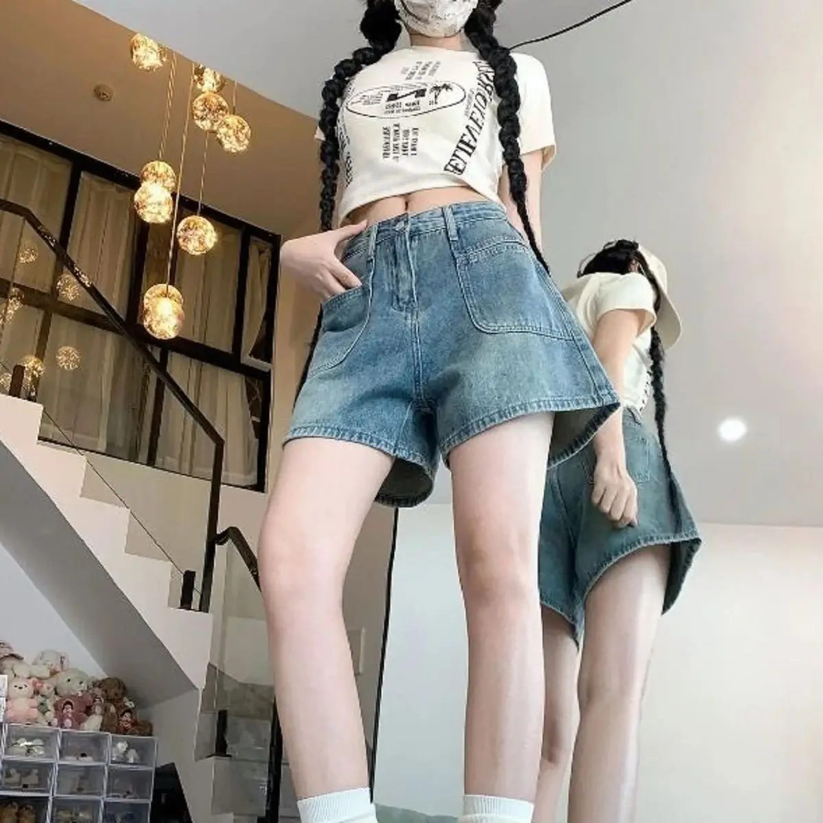 Light Color Retro A-Line Wide-Leg Denim Shorts Women Summer New Niche Design Thin High Waist Slim Loose Pants