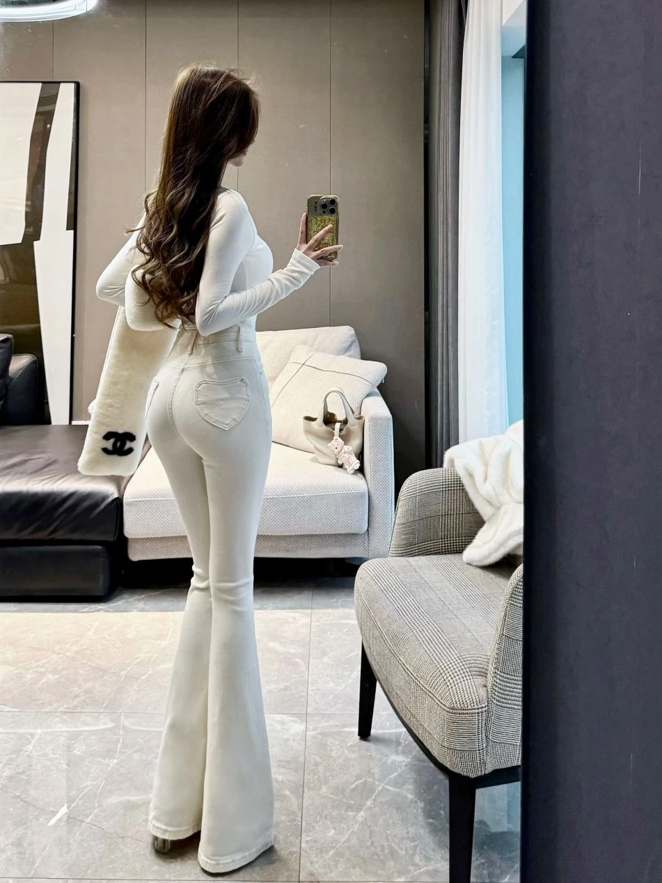 

High Waist Bell Bottom Jeans Women's plus Size White Slimming Hip Lifting Stretch Long Pants Commute Style All Seasons