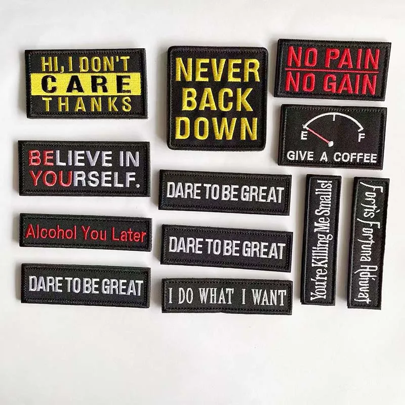 Embroidery English Alphabet Hook And Loop Patches NO PAIN NO GAIN/ DARE To Be Great Slogan Words Emblem Appliques For Backpack