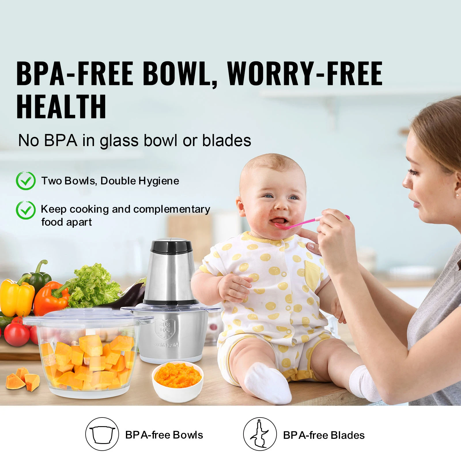 SucceBuy Food Processor Electric Meat Grinder with 4Wing Stainless Steel Blades 8+5 Cup 2 Bowls Electric Food Chopper 2 Speeds