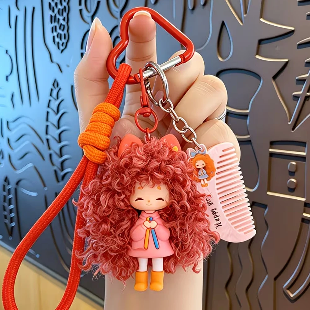 1pc Big Wavy Hair Girl Pendant Cartoon Cool Frizzy Hair Girl Keychain Pendant Women's Bag Decoration Small Gift Keyring Car Key Decoration Pendant Accessory
