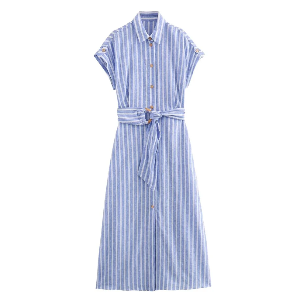 2024ZAR4 Summer New Women\'s European and American style French light luxury temperament linen blend striped shirt dress