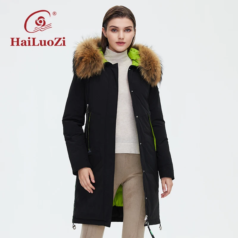 HaiLuoZi Women's Winter Jacket Long Knee Length Women Coat Large Fur Collar Windproof Zipper Fashion Hooded Thick Parka 89-1