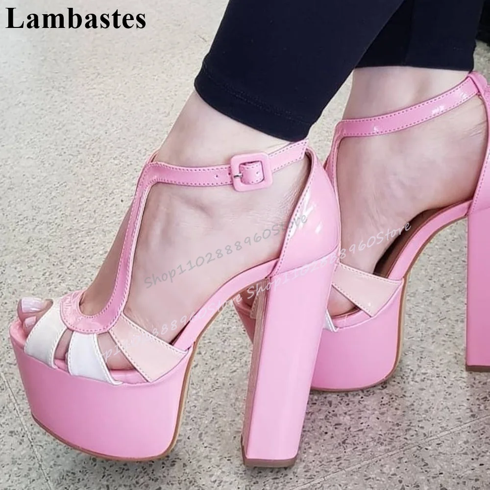 

Trendy Pink Leather Platform Sandals Chunky High Heel Women Shoes Ankle Buckle Strap Peep Toe 2025 Fashion Zapatos Para Mujere