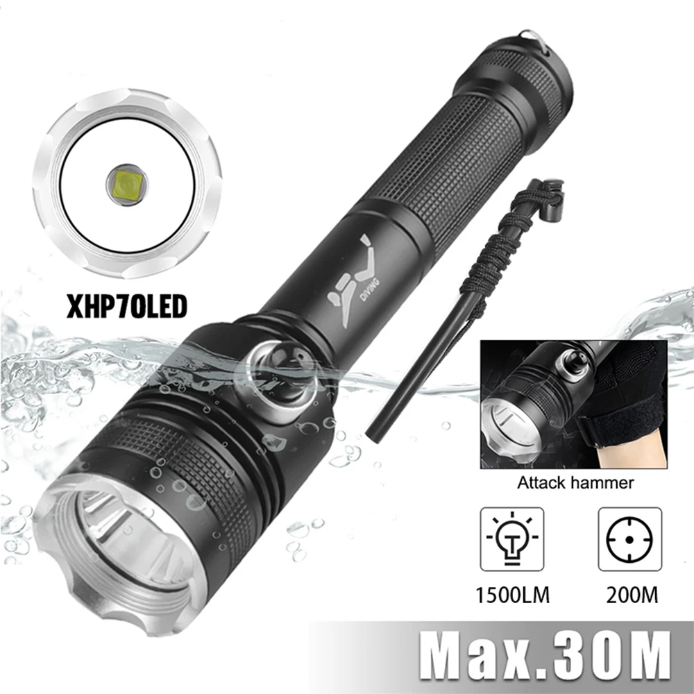 

Professional Diving LED Flashlight Strong Light 1500 Lumens Lamp IPX8 Waterproof Torch Outdoor Fishing Lantern 18650 Use Battery