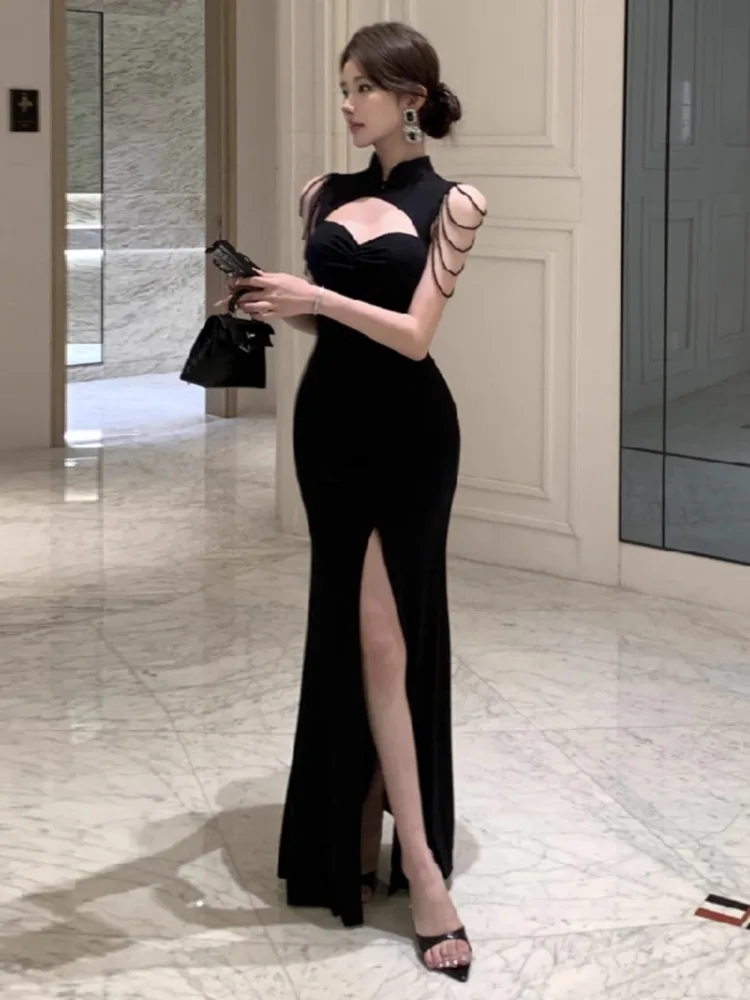 Topenomi Vintage Evening Dress Women Sexy Off Shoulder Tassel High Waist Slim Split Wedding Party Gown Cocktail Black Long Robe