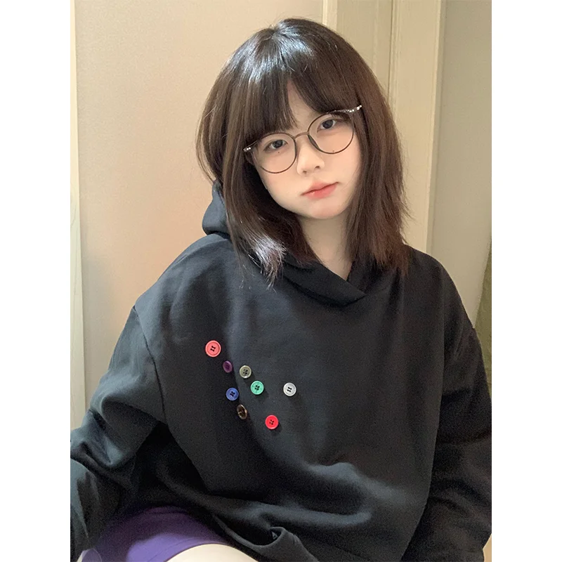 

Флисовая толстовка со шляпой, женские японские топы 2000-х годов, зимние сшитые утолщенные рукава реглан, готический панк-стиль для взрослых, кампусные Ins