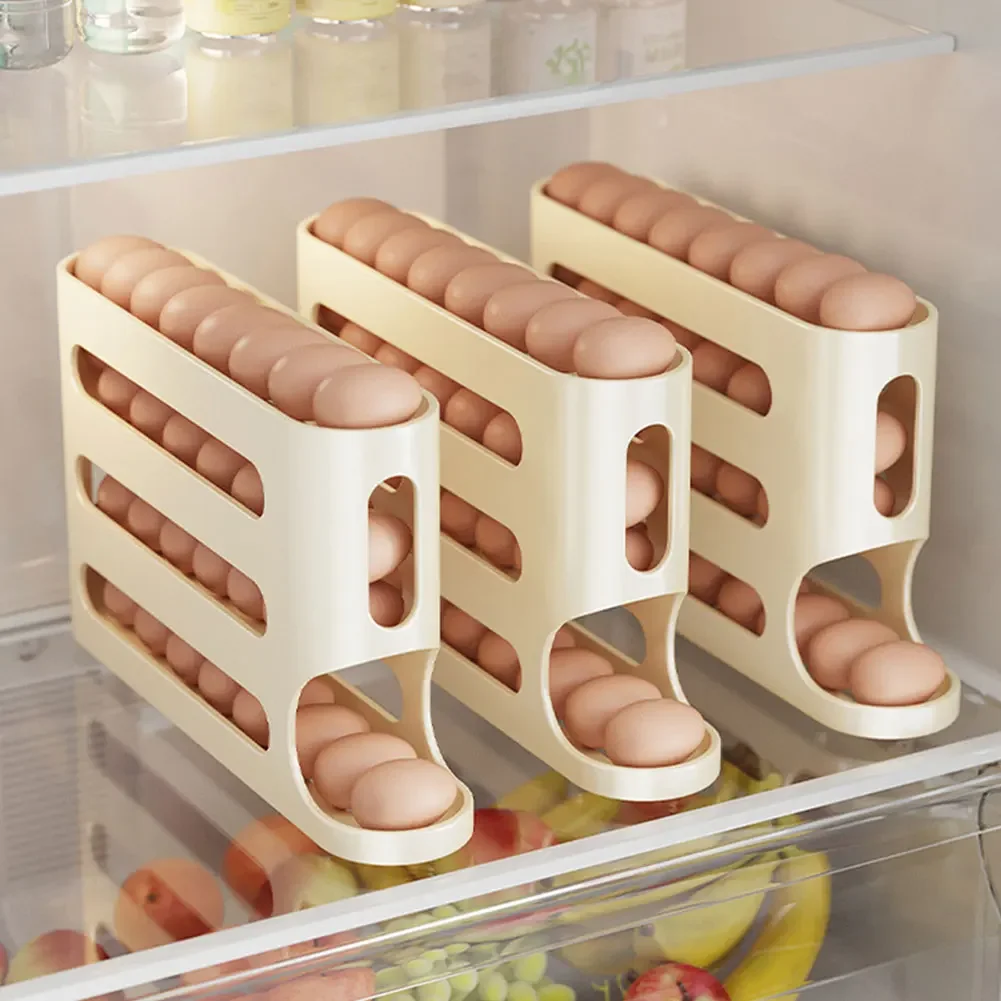 Egg Rack 4 Layers Automatic Scrolling Large Capacity Kitchen Rolling Eggs Container Rolling Eggs Dispenser for Fridge Countertop